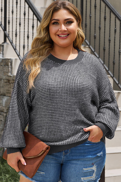 Plus Size Waffle-Knit Round Neck Dropped Shoulder Sweater