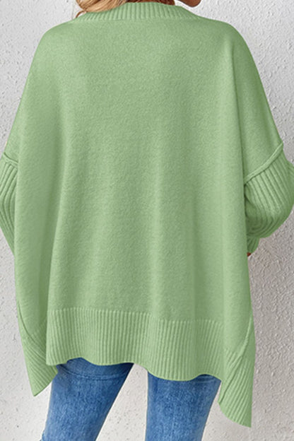 Slit V-Neck Dropped Shoulder Sweater