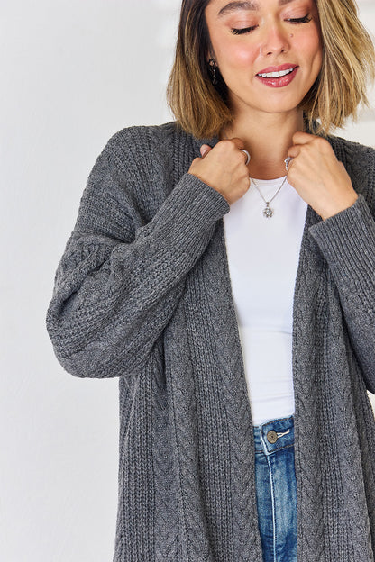 Cable-Knit Open Front Dropped Shoulder Cardigan