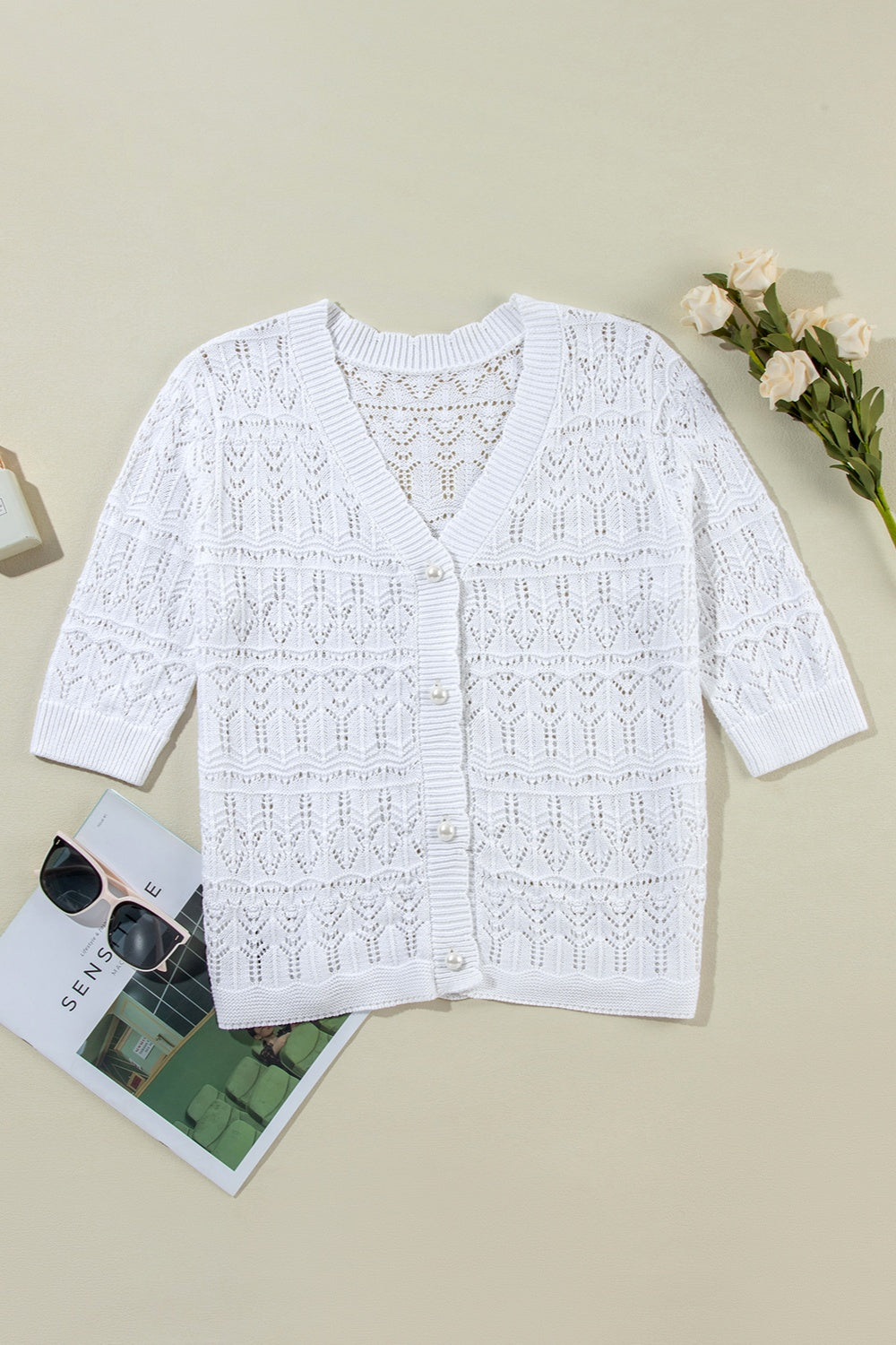 Openwork V-Neck Half Sleeve Cardigan