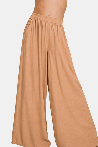 Zenana Pleated Linen Blend Wide Leg Pants