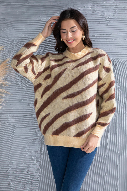 Animal Element Round Neck Dropped Shoulder Sweater