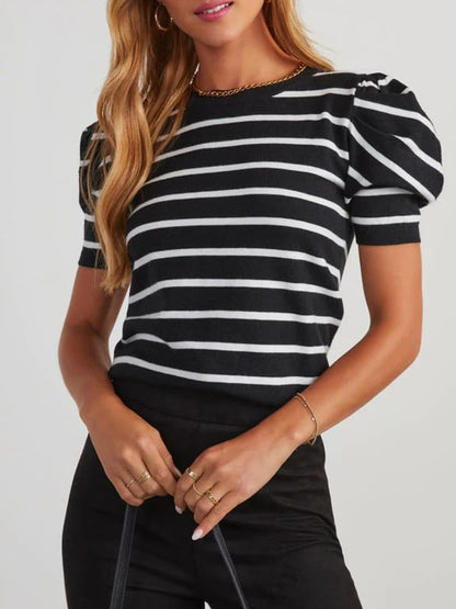 Striped Round Neck Puff Sleeve Knit Top