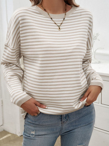 Striped Round Neck Dropped Shoulder Sweater