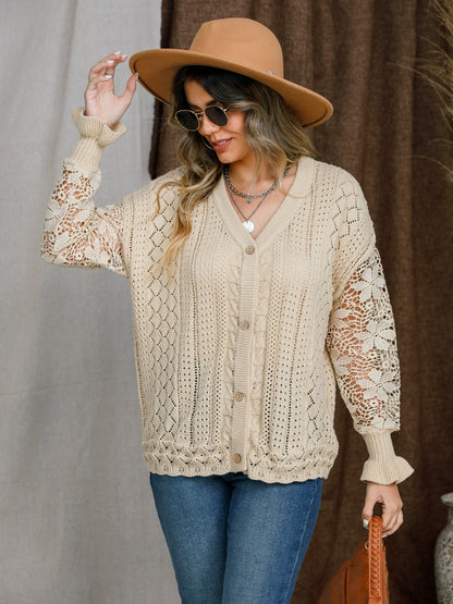 Eyelet Button Up Lantern Sleeve Cardigan