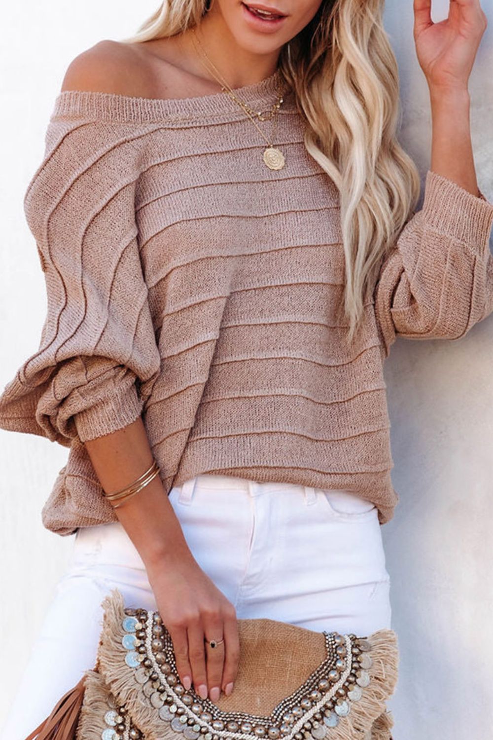 Striped Ribbed Trim Round Neck Sweater