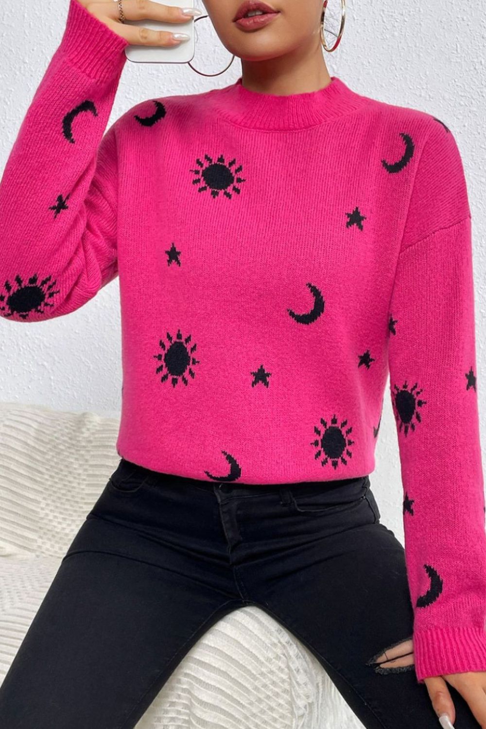 Graphic Mock Neck Dropped Shoulder Sweater