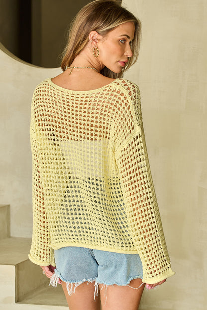 Openwork Round Neck Dropped Shoulder Knit Top