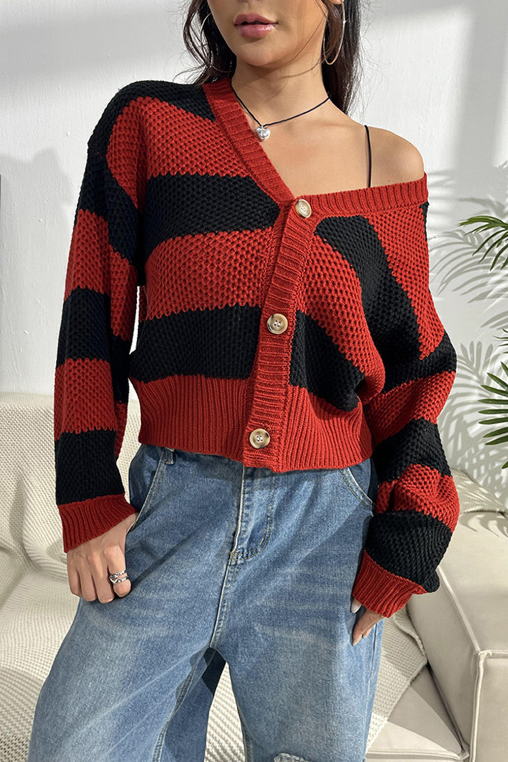 Striped Button Up Dropped Shoulder Cardigan