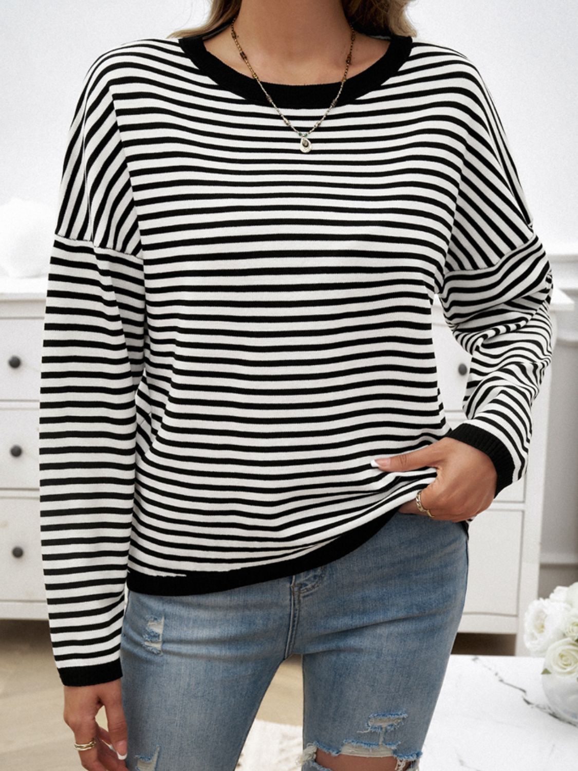 Striped Round Neck Dropped Shoulder Sweater