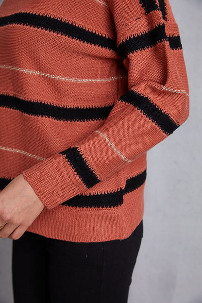 Striped Round Neck Dropped Shoulder Sweater