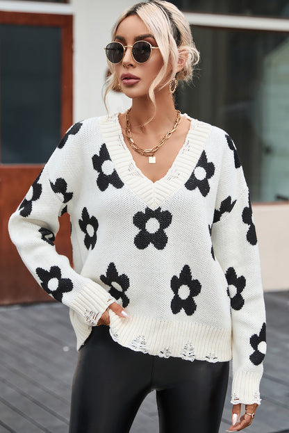 Flower Distressed V-Neck Dropped Shoulder Sweater