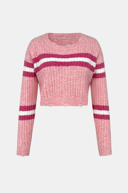 Cable-Knit Striped Dropped Shoulder Sweater