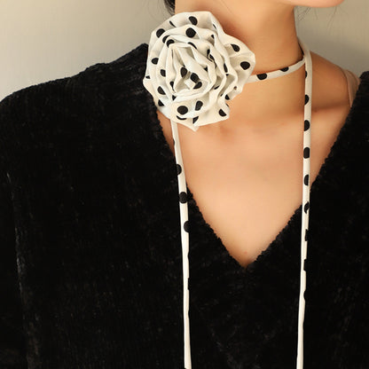 Polka Dot Camellia Flower Tie Choker Necklace