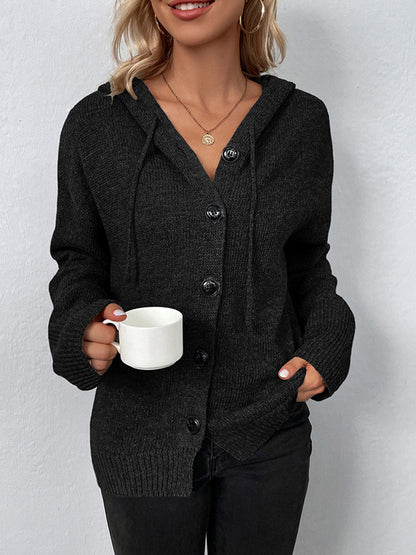 Drawstring Button Up Hooded Cardigan