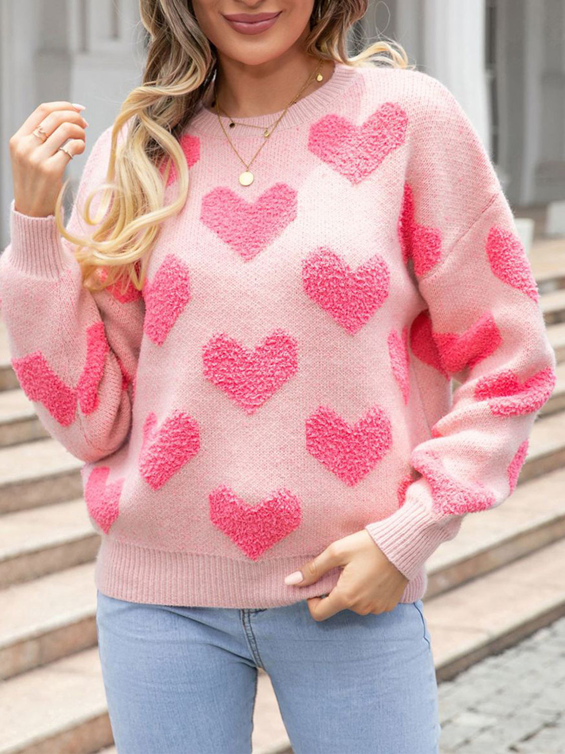 Heart Round Neck Dropped Shoulder Sweater