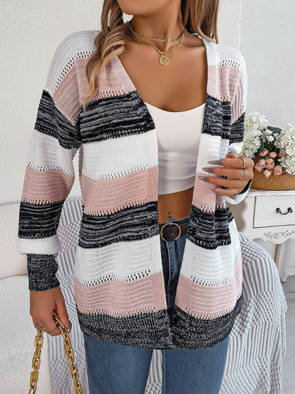 Openwork Striped Open Front Cardigan