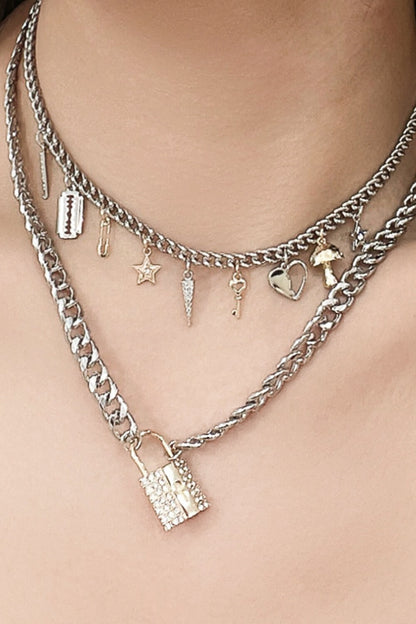 5-Piece Wholesale Lock Pendant Double-Layered Necklace