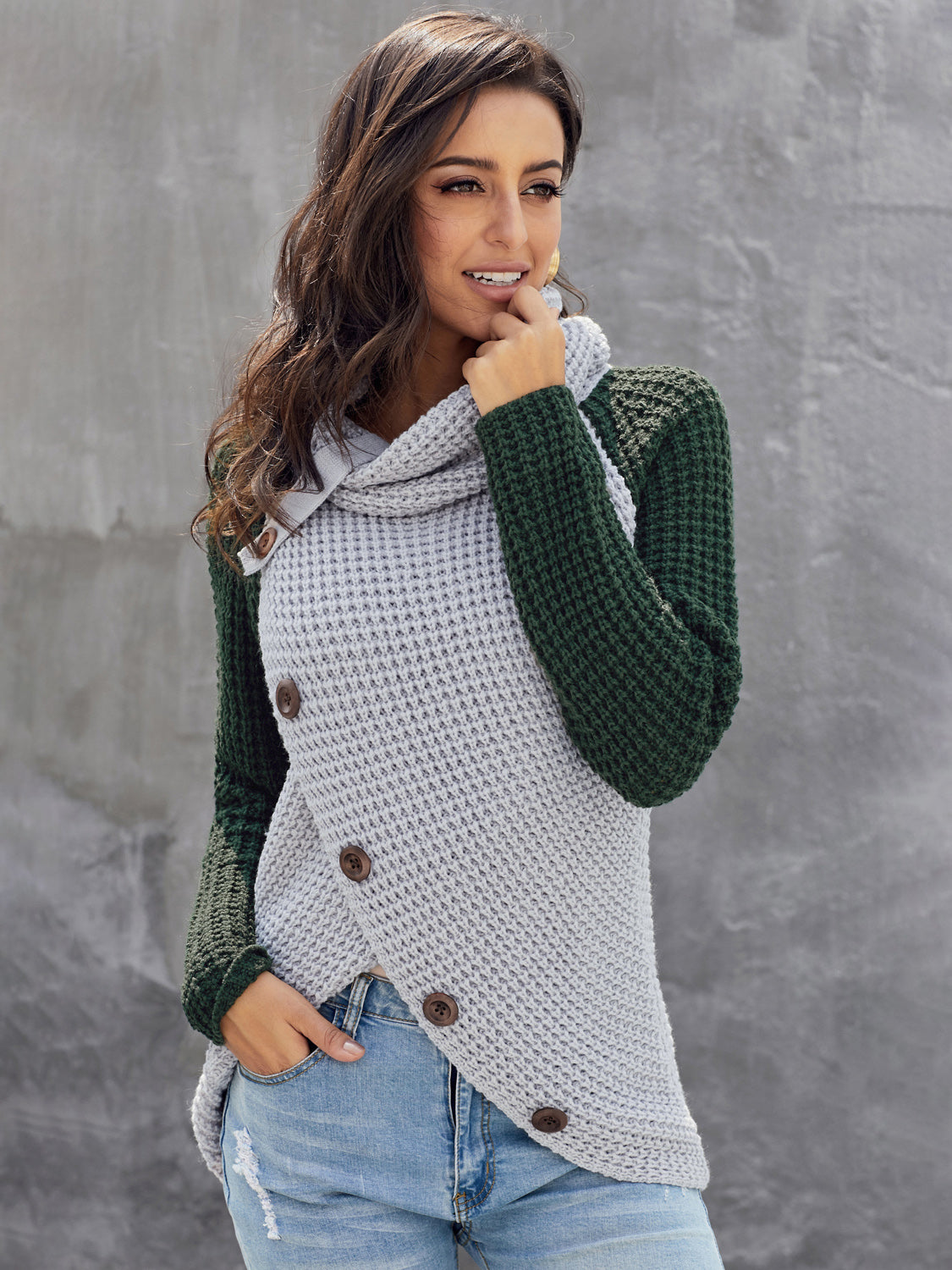 Contrast Decorative Button Turtleneck Sweater