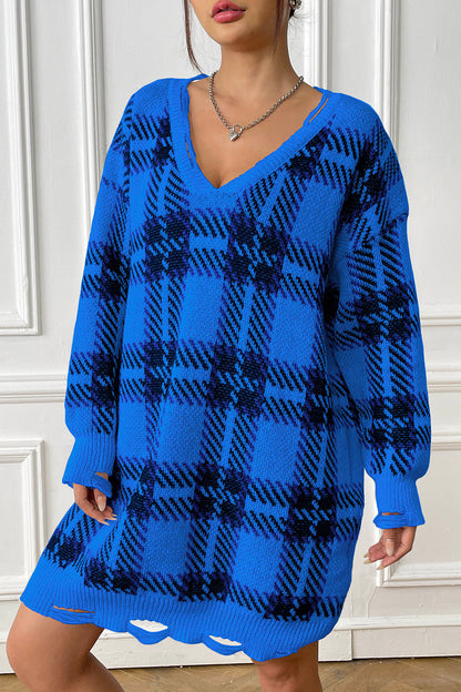 Plaid V-Neck Long Sleeve Sweater Dress