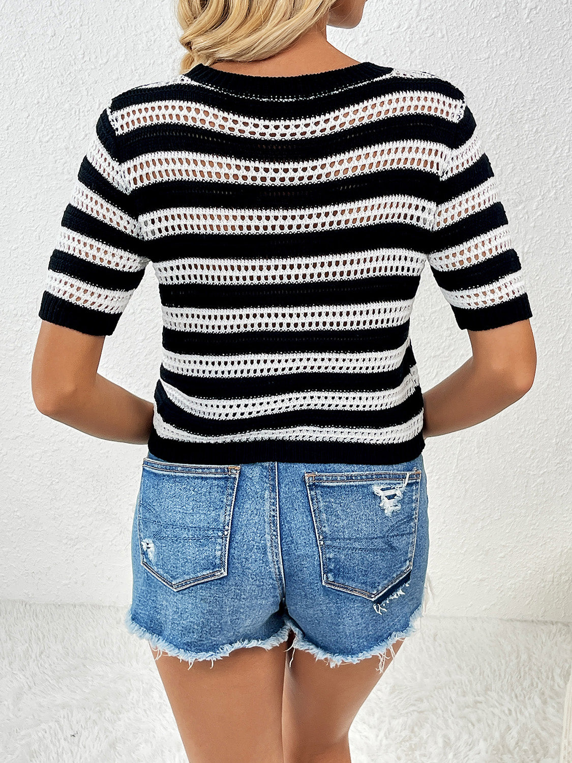 Openwork Striped Round Neck Short Sleeve Knit Top