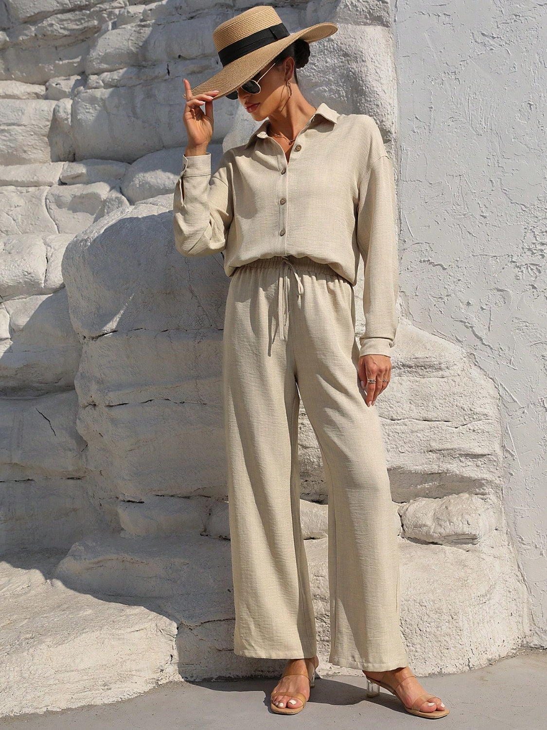 Honey Button Up Long Sleeve Top and Pants Set