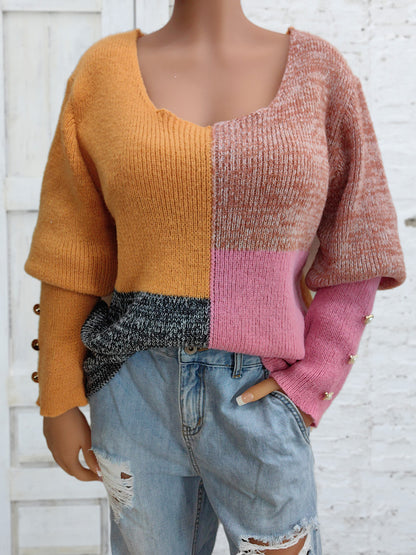 Color Block Decorative Button Long Sleeve Sweater