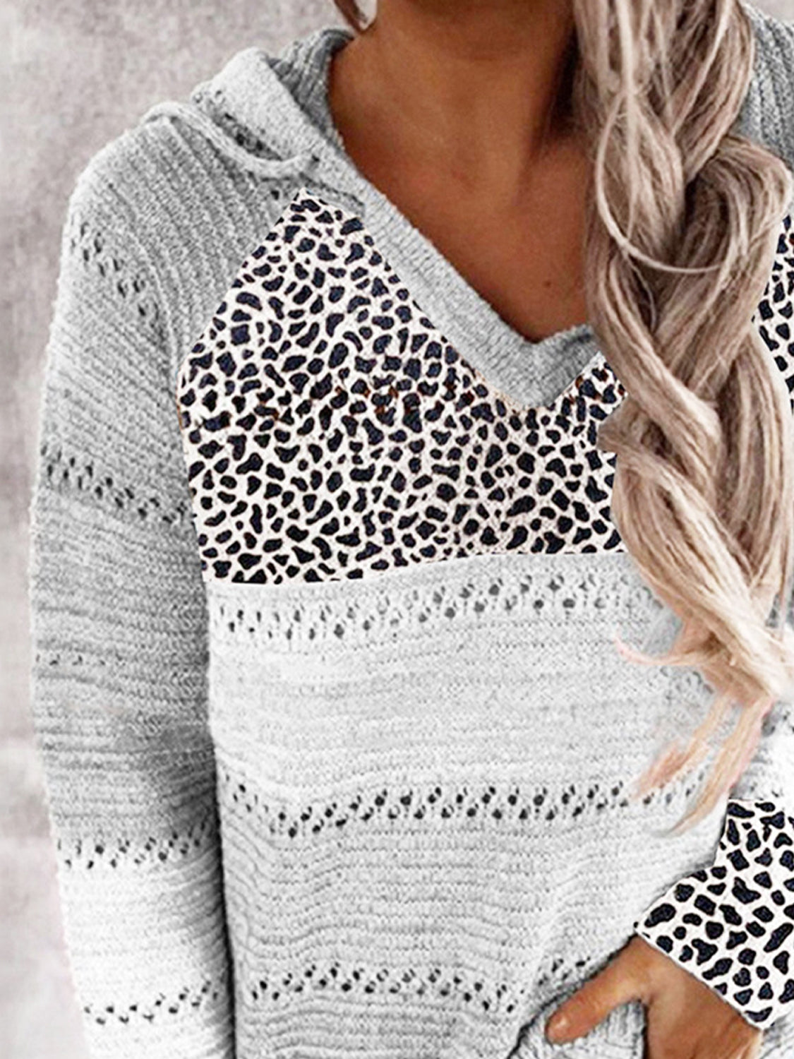 Full Size Openwork Leopard Drawstring Hooded Sweater