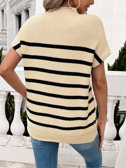 Striped Mock Neck Short Sleeve Sweater