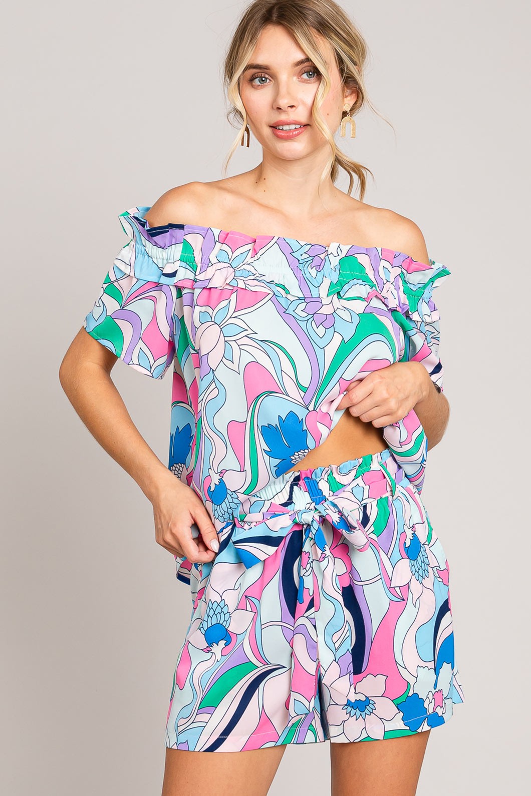 Cotton Bleu by Nu Label Abstracted Print Tie Front Shorts