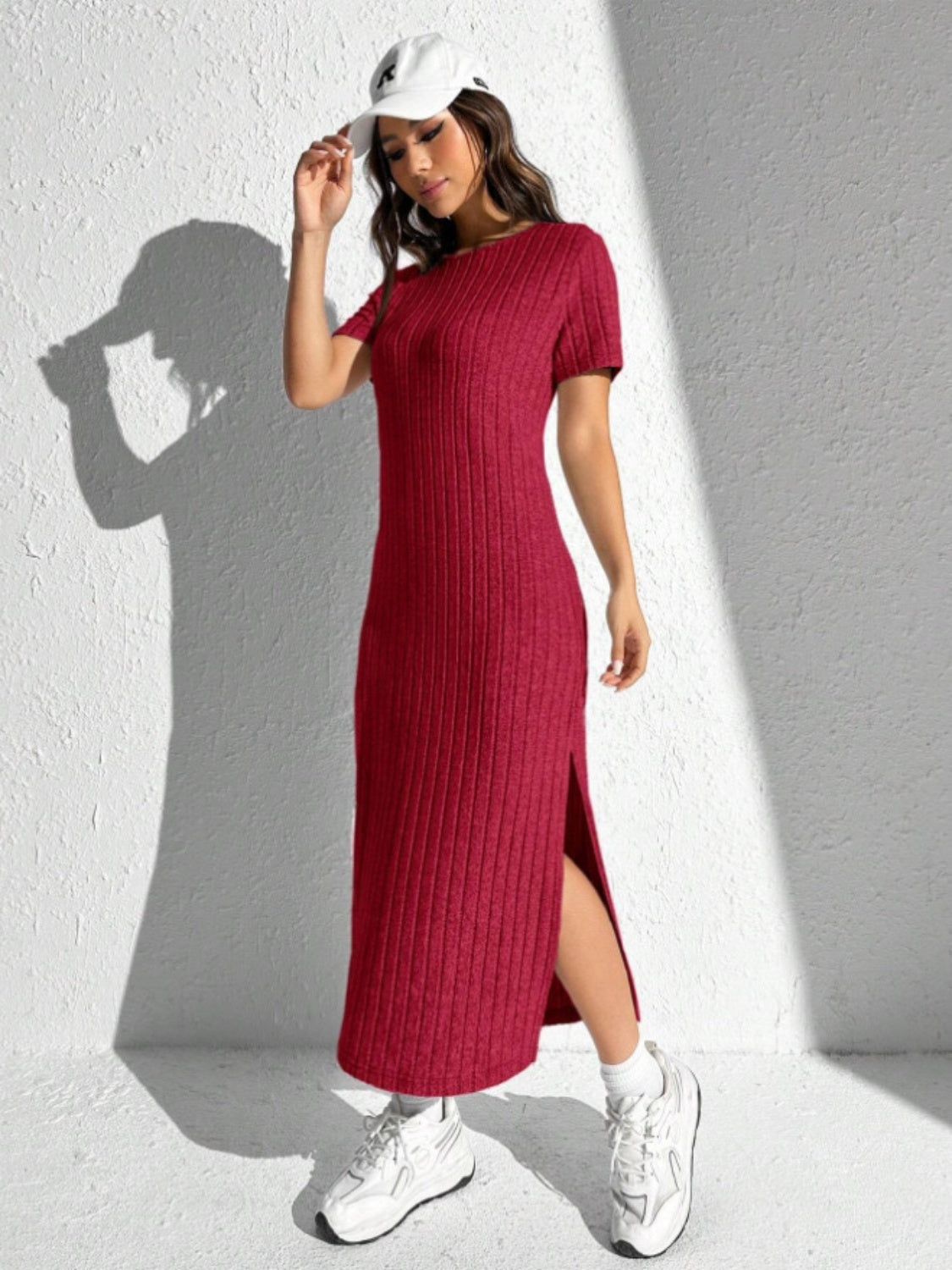 Slit Round Neck Short Sleeve Sweater Dress