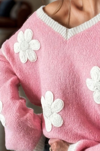 Flower V-Neck Dropped Shoulder Sweater