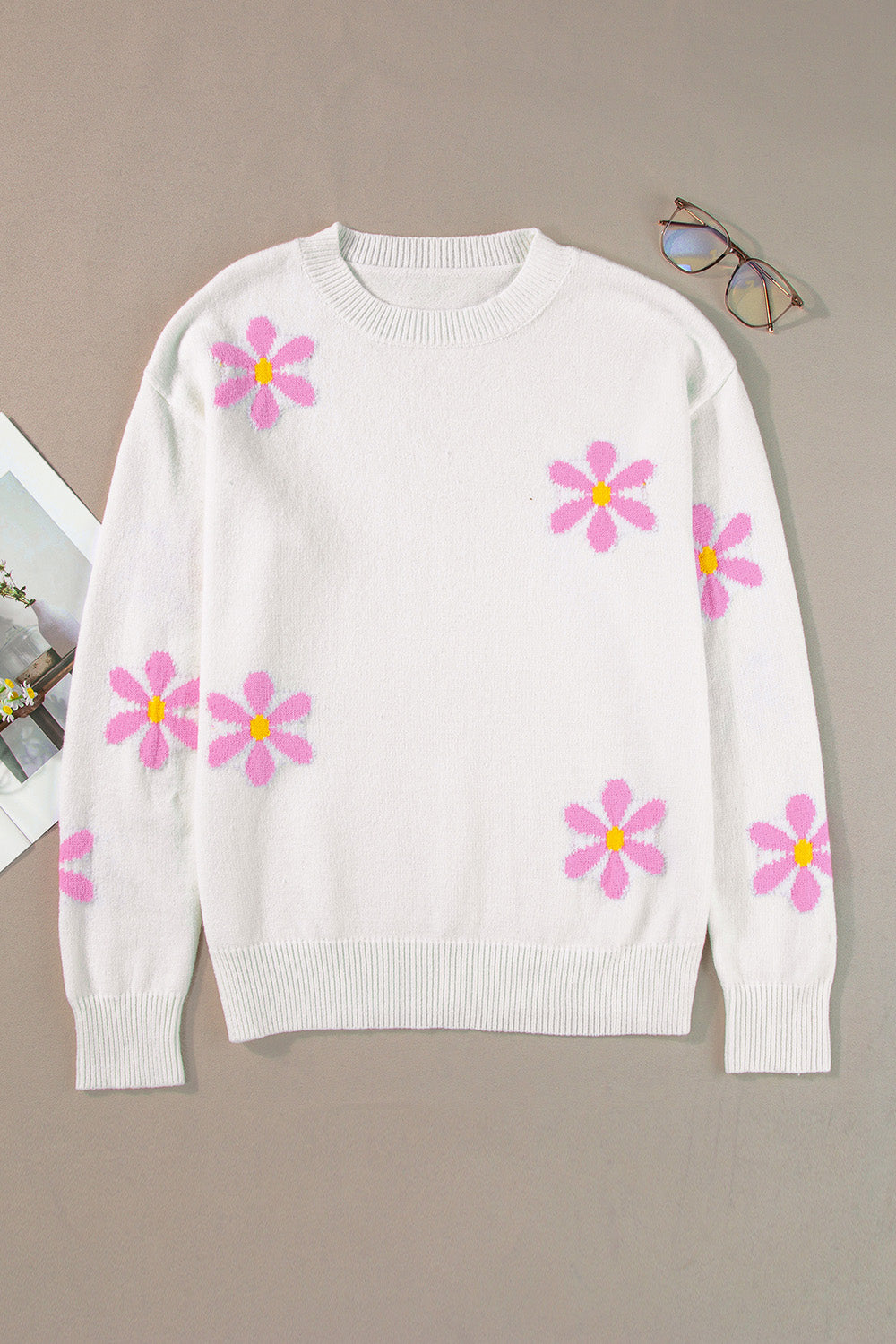 Flower Round Neck Long Sleeve Sweater