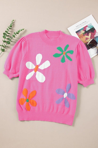 Flower Mock Neck Short Sleeve Sweater