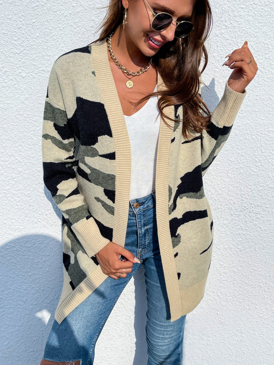 Camouflaged Dropped Shoulder Open Front Cardigan