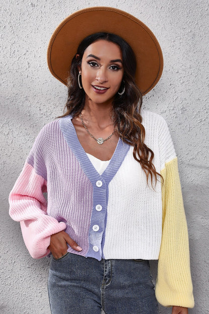 Color Block Button Up V-Neck Knit Top