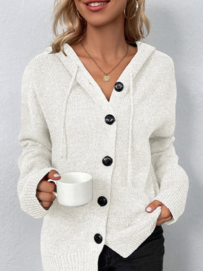 Drawstring Button Up Hooded Cardigan