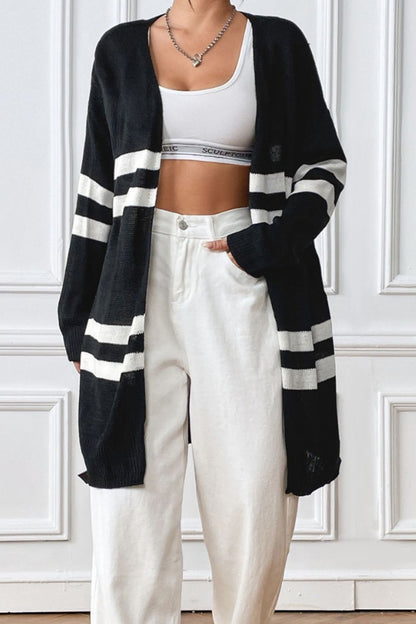 Striped Open Front Dropped Shoulder Cardigan