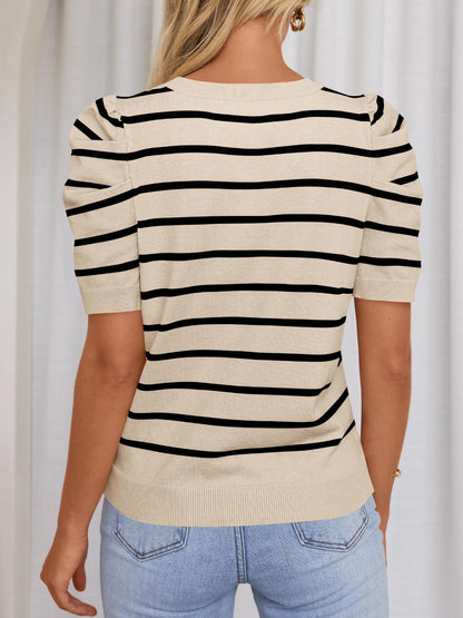 Striped Round Neck Puff Sleeve Knit Top