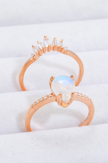 Natural Moonstone and Zircon 18K Rose Gold-Plated Two-Piece Ring Set