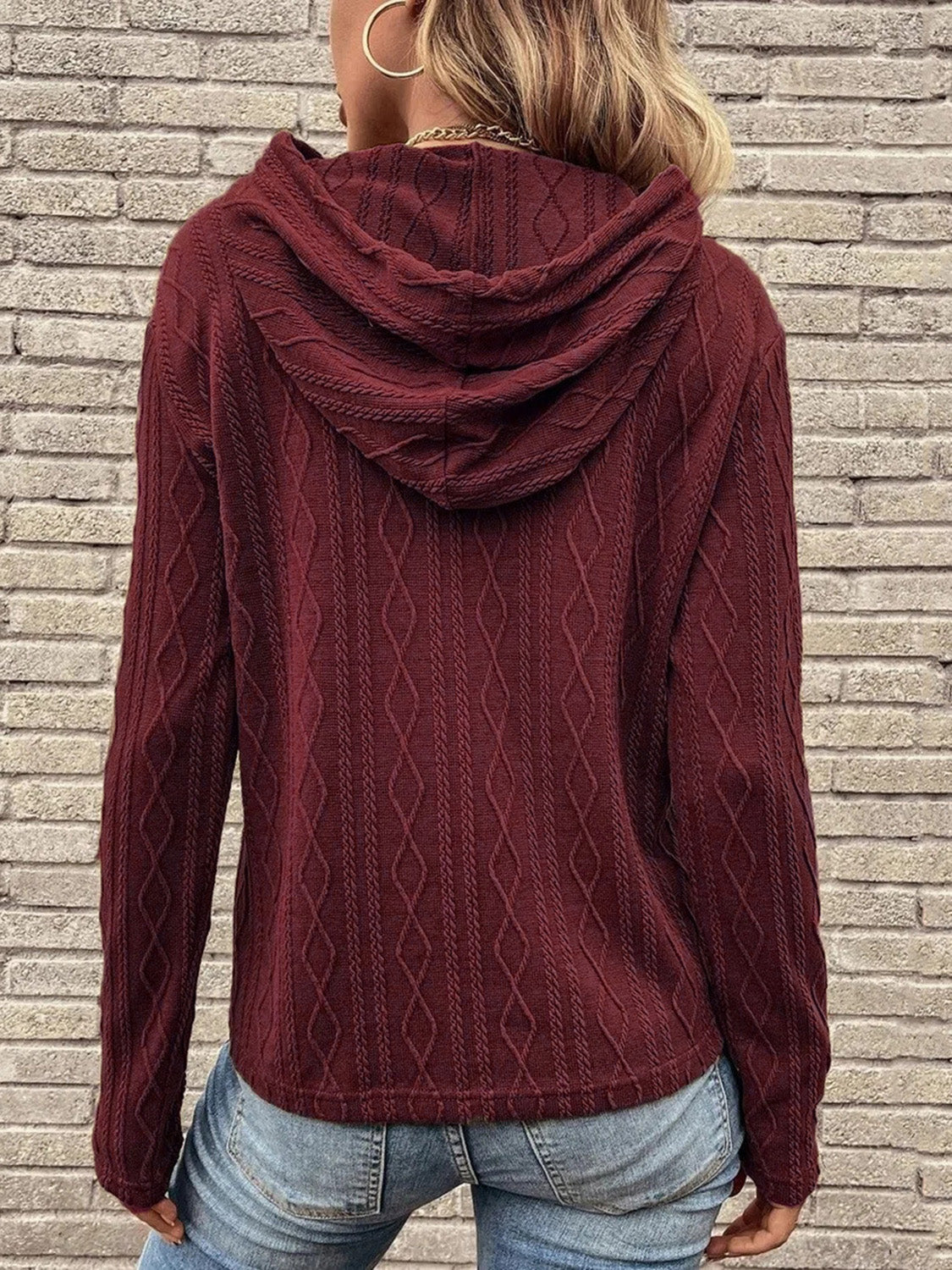 Cable-Knit Drawstring Hooded Knit Top