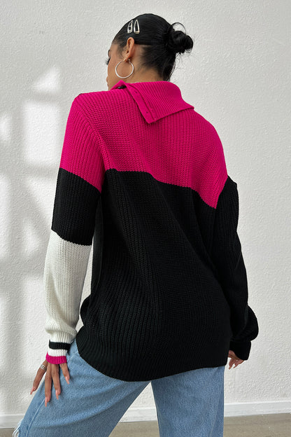 Contrast Buttoned Cutout Long Sleeve Sweater